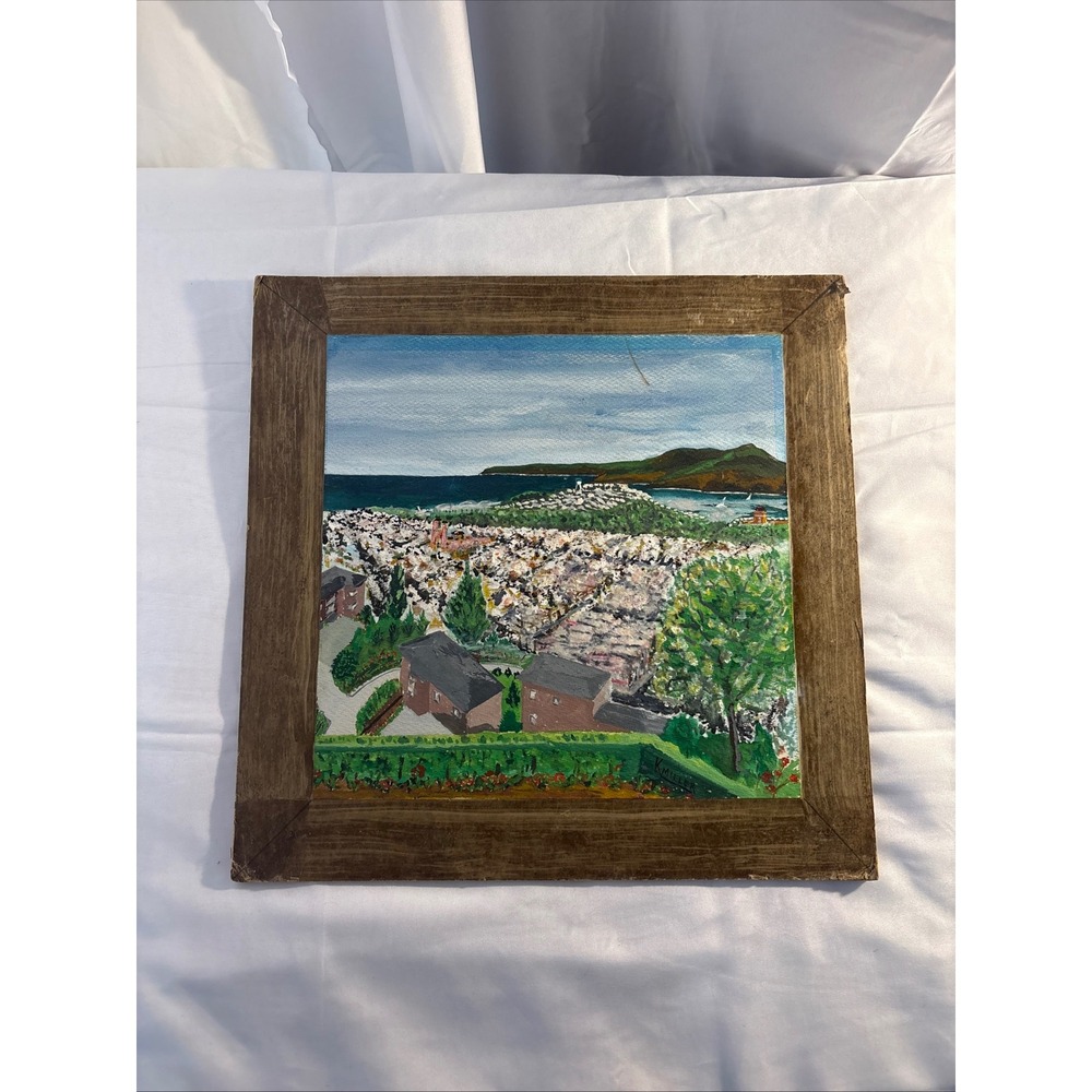 K Miller Signed Original Landscape Painting Coastal Village Ocean View Framed